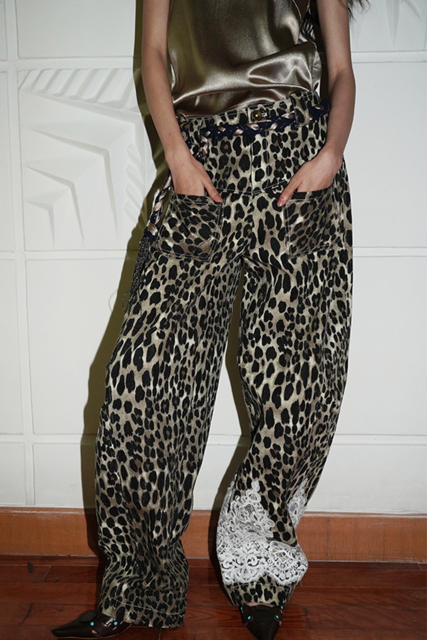 Leopard-Print Washed Distressed Pants