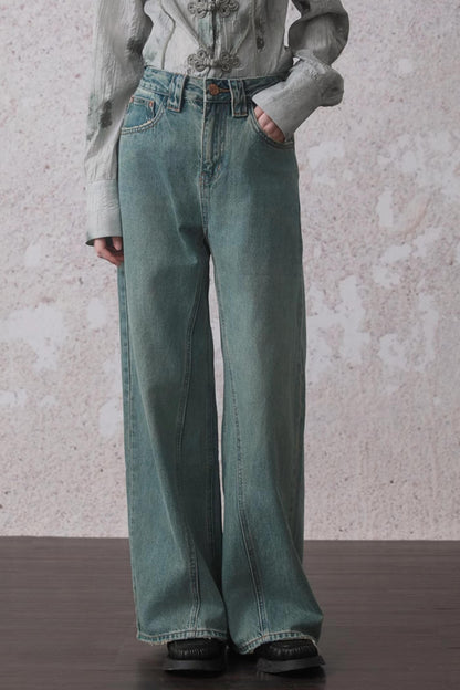 Slim Wide-Leg Washed Denim Pants