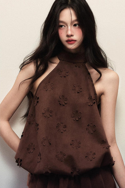 Reddish-Brown Suede Flower Halterneck Two-Piece Set-Up