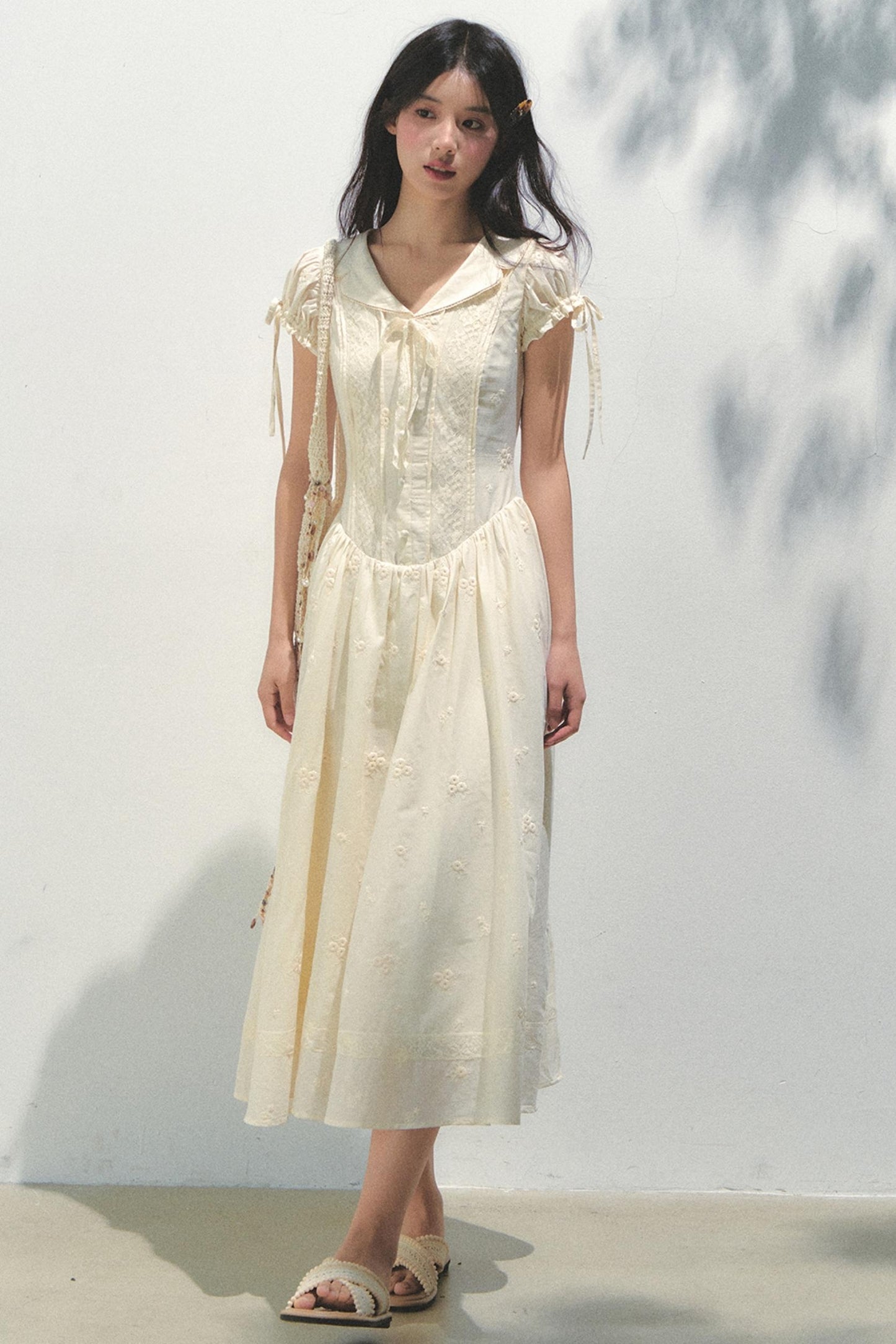 Holiday Embroidered Bubble Sleeve Dress