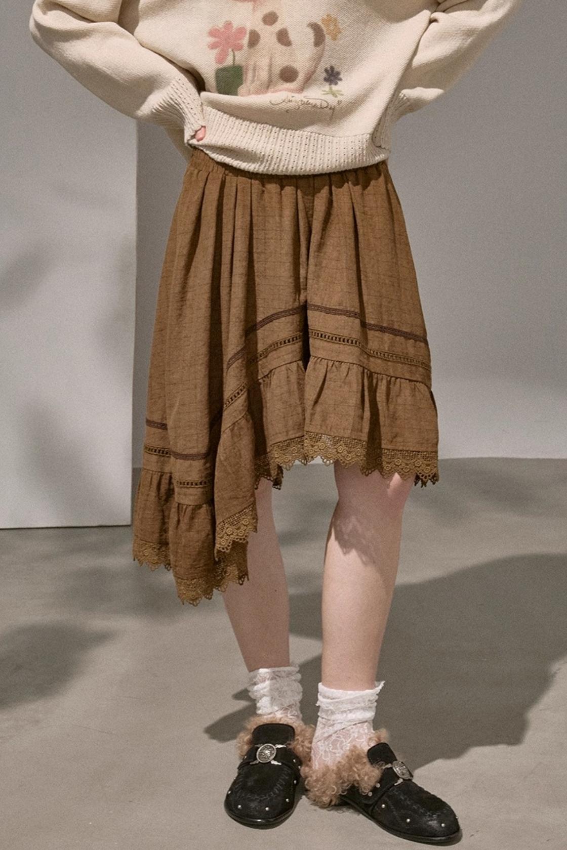 Wave Stitching Plaid Midi Skirt