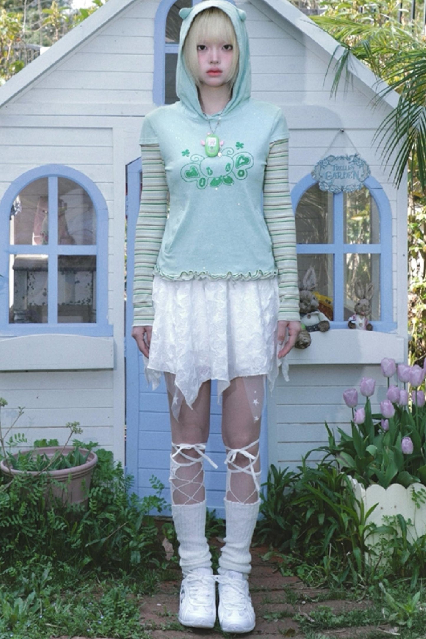 Green Devil Horns Hoodie Top