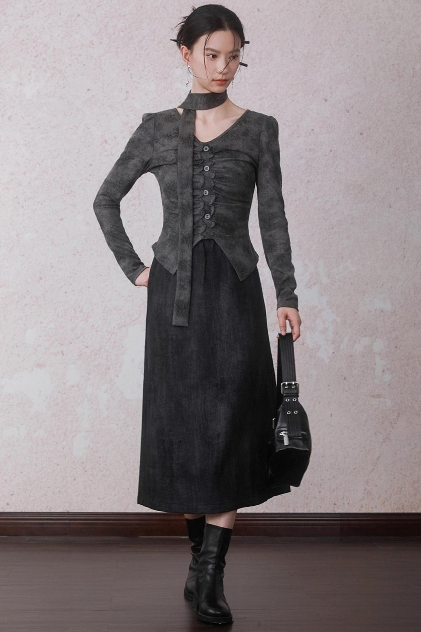 Autumn Gray Tie-dye Knitted V-Neck T-Shirt