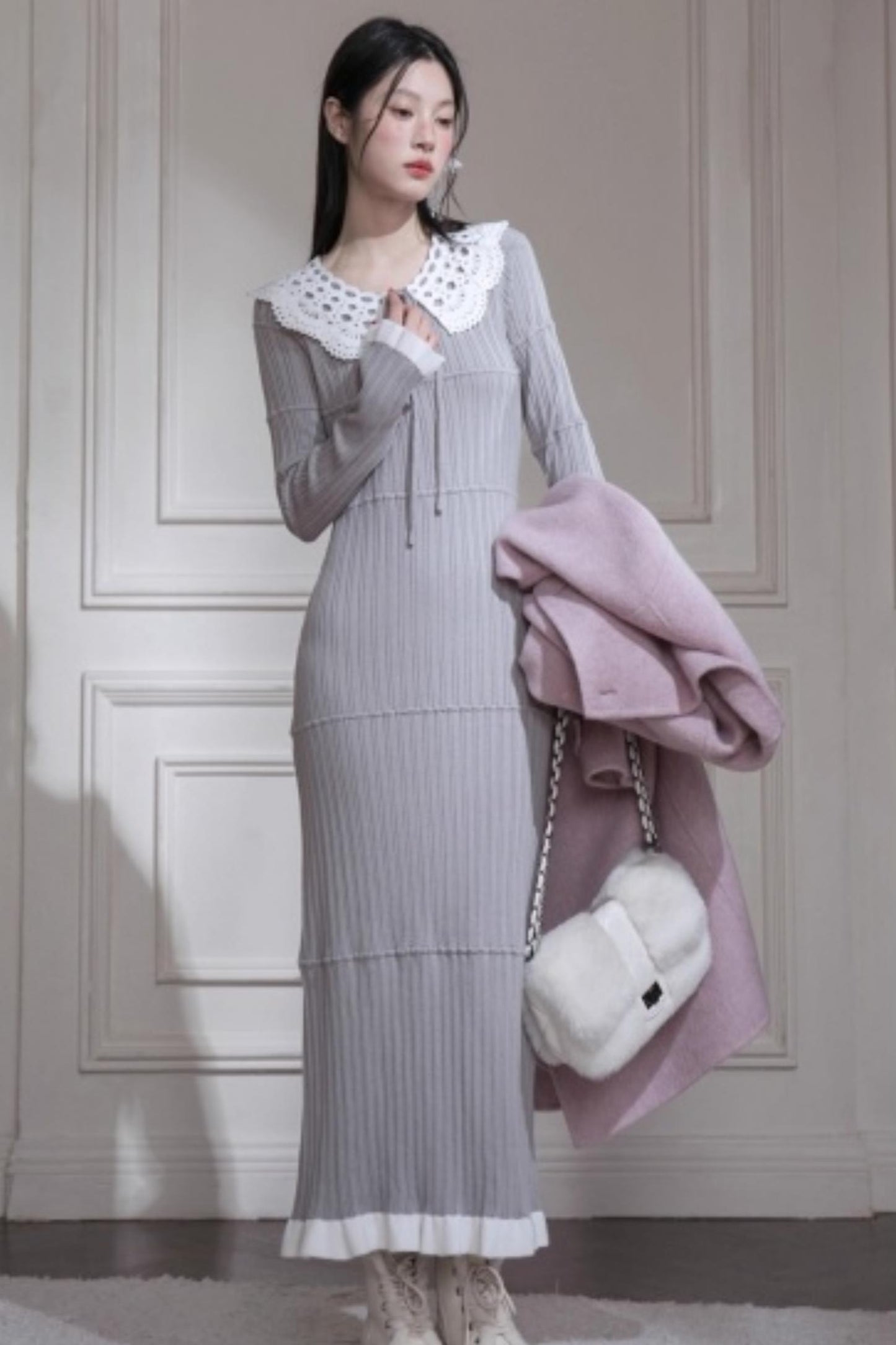 Mist Gray Lace Wool Dress