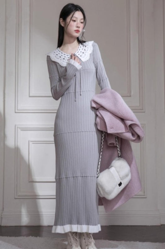 Mist Gray Lace Wool Dress