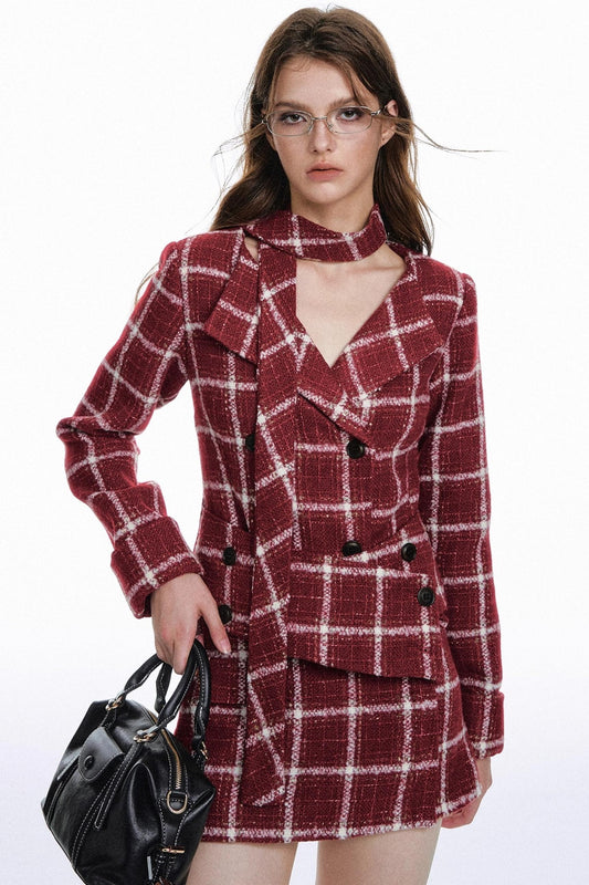 Retro Red Plaid Suit Skirt Set-Up