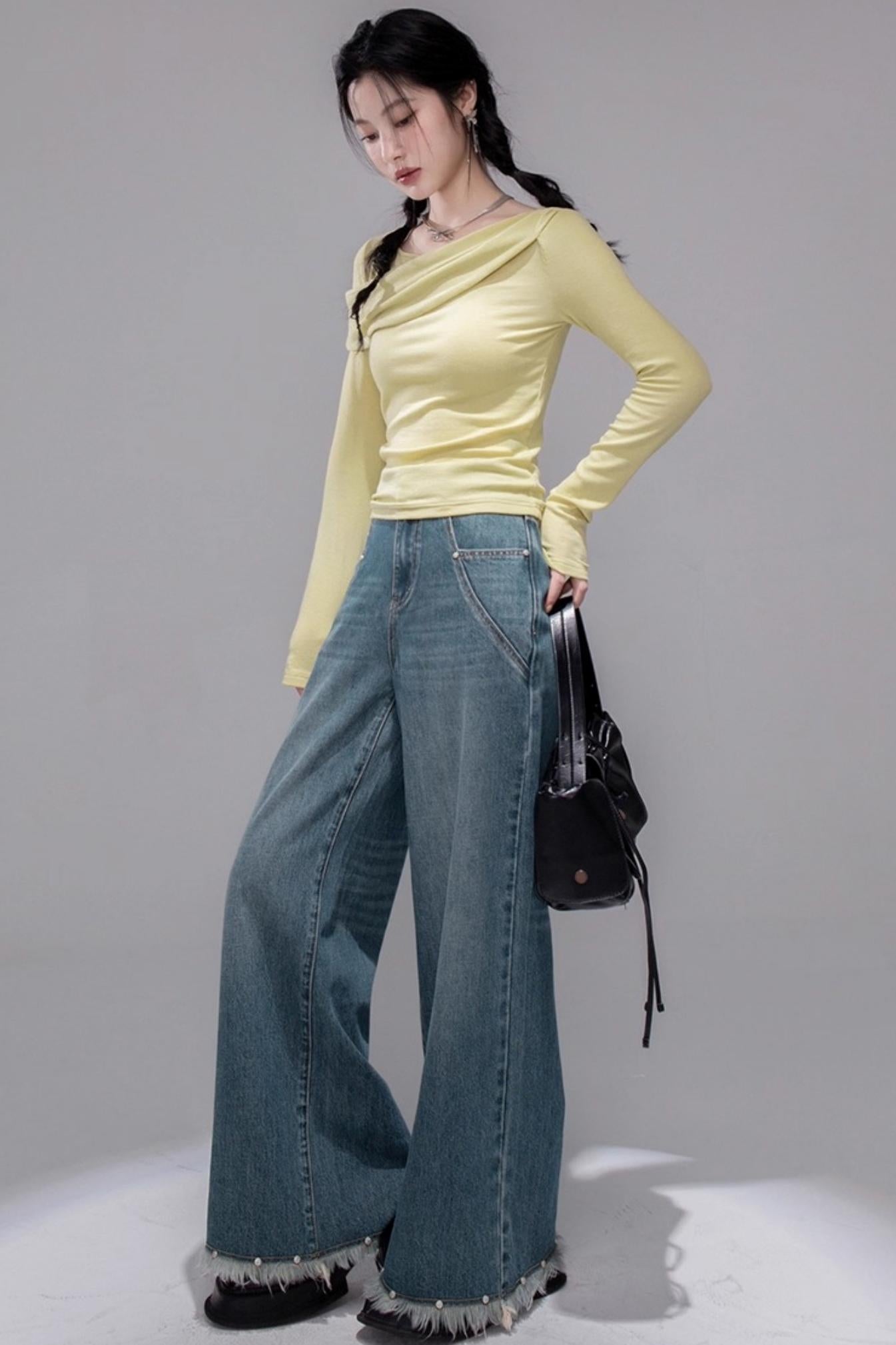 Deep Lake Blue Washed Wide-Leg Jeans
