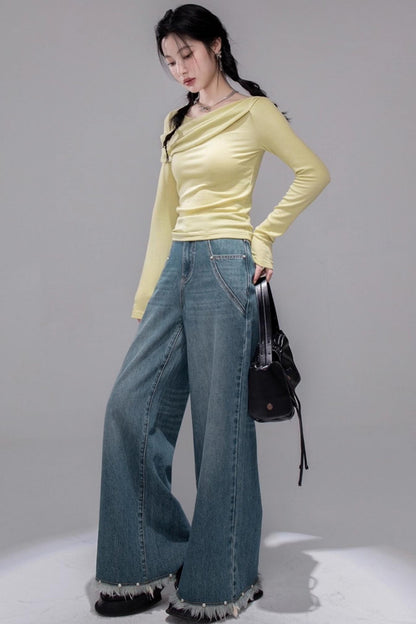 Deep Lake Blue Washed Wide-Leg Jeans