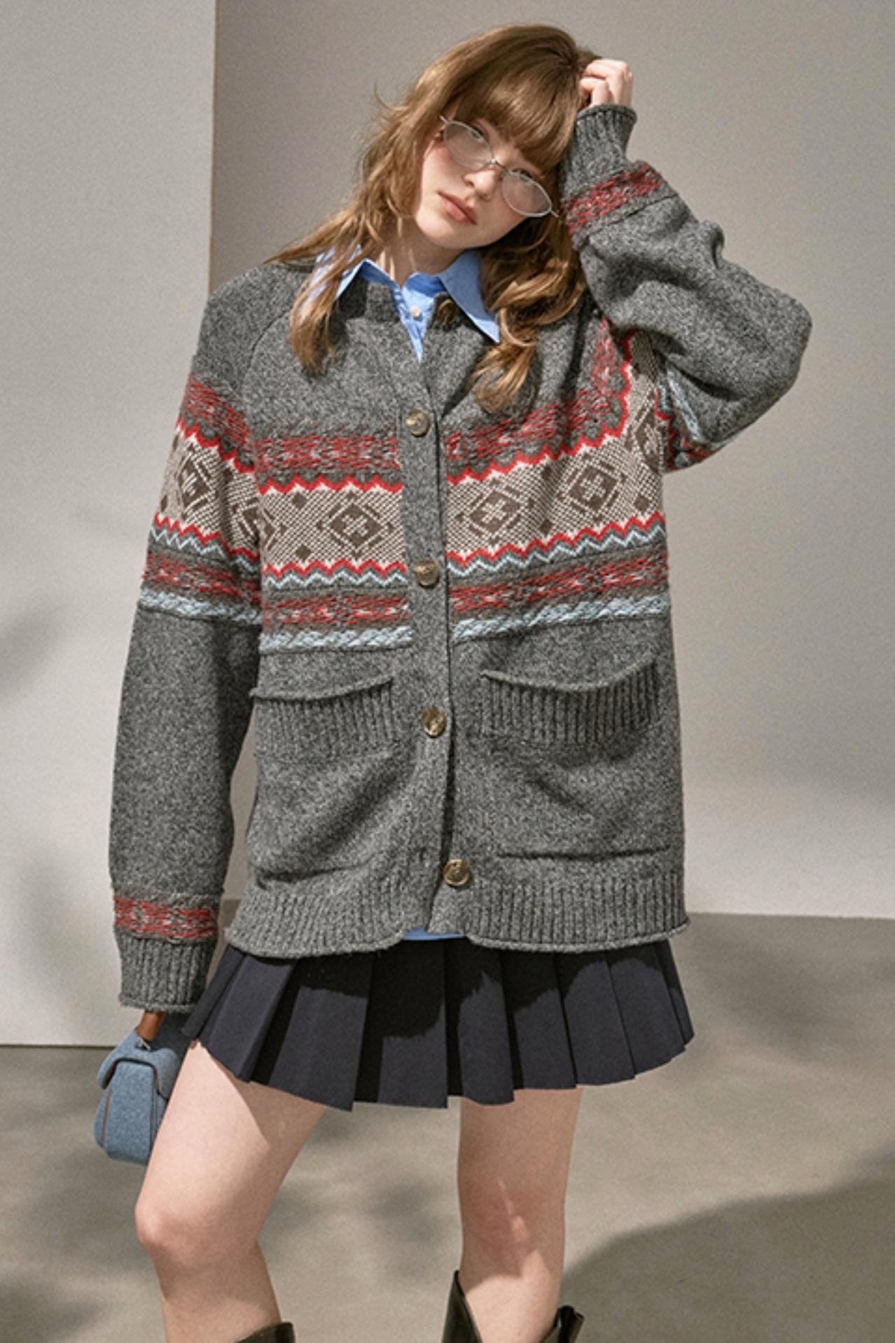 Fair Isle Knitted Gray Cardigan