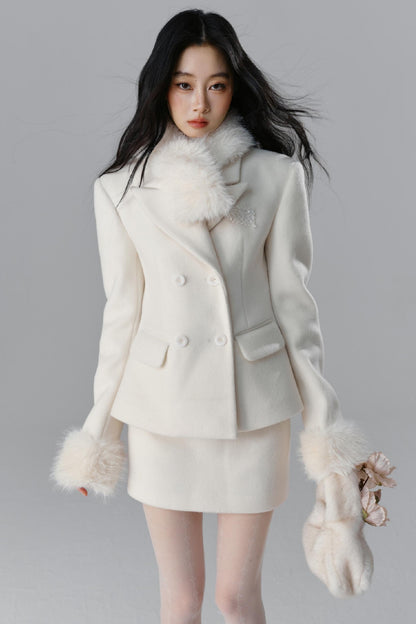 Fur Collar Blazer & Skirt Set-Up