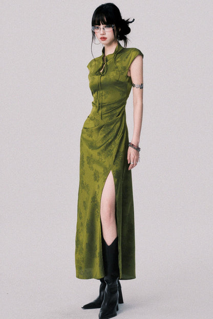 Vintage Moss Green Jacquard Cheongsam Dress