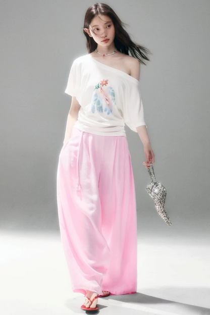 Mint Bird Print Off-Shoulder Ruched Top