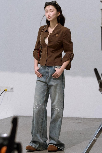 Laser-Cut Flower Vintage Wide-Leg Jeans