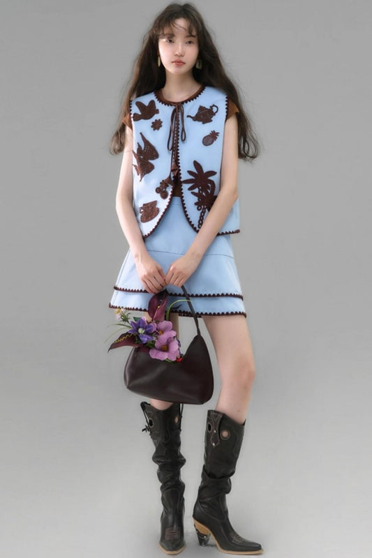 Island Tea Flower Embroidered Top & Skirt Set-Up