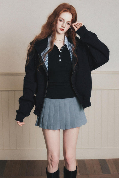 Navy Check Patchwork Hooded Coat