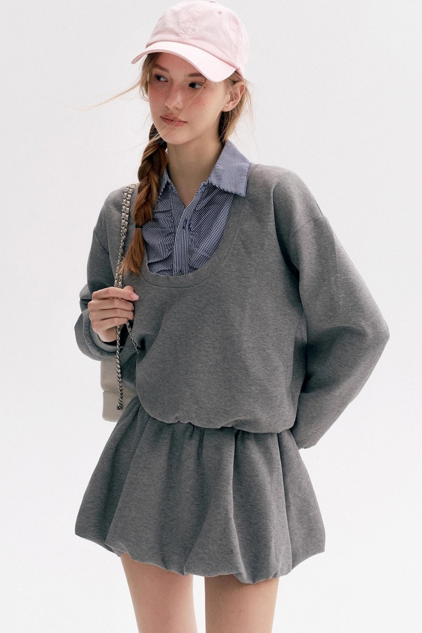 Lazy Casual Check Puffy Skirt Set-Up