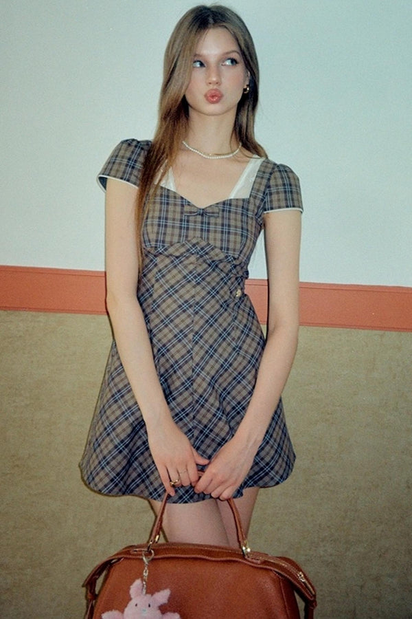 Plaid Lace Bow Short Sleeve Dress