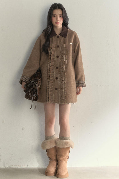 Vintage Khaki Houndstooth Wool Coat