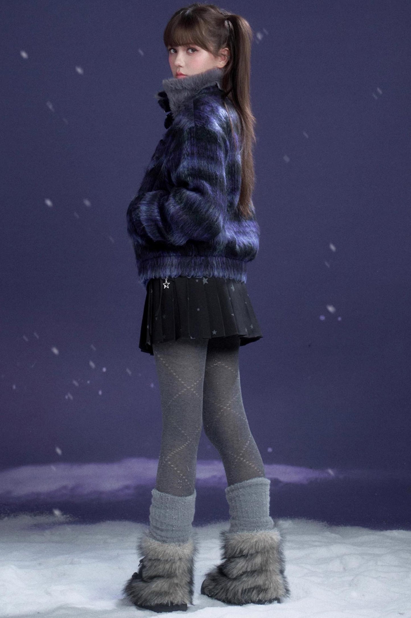 High-Neck Plaid Woolen Coat