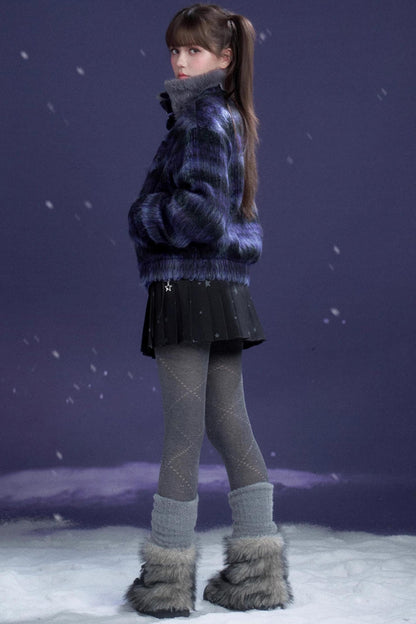 High-Neck Plaid Woolen Coat