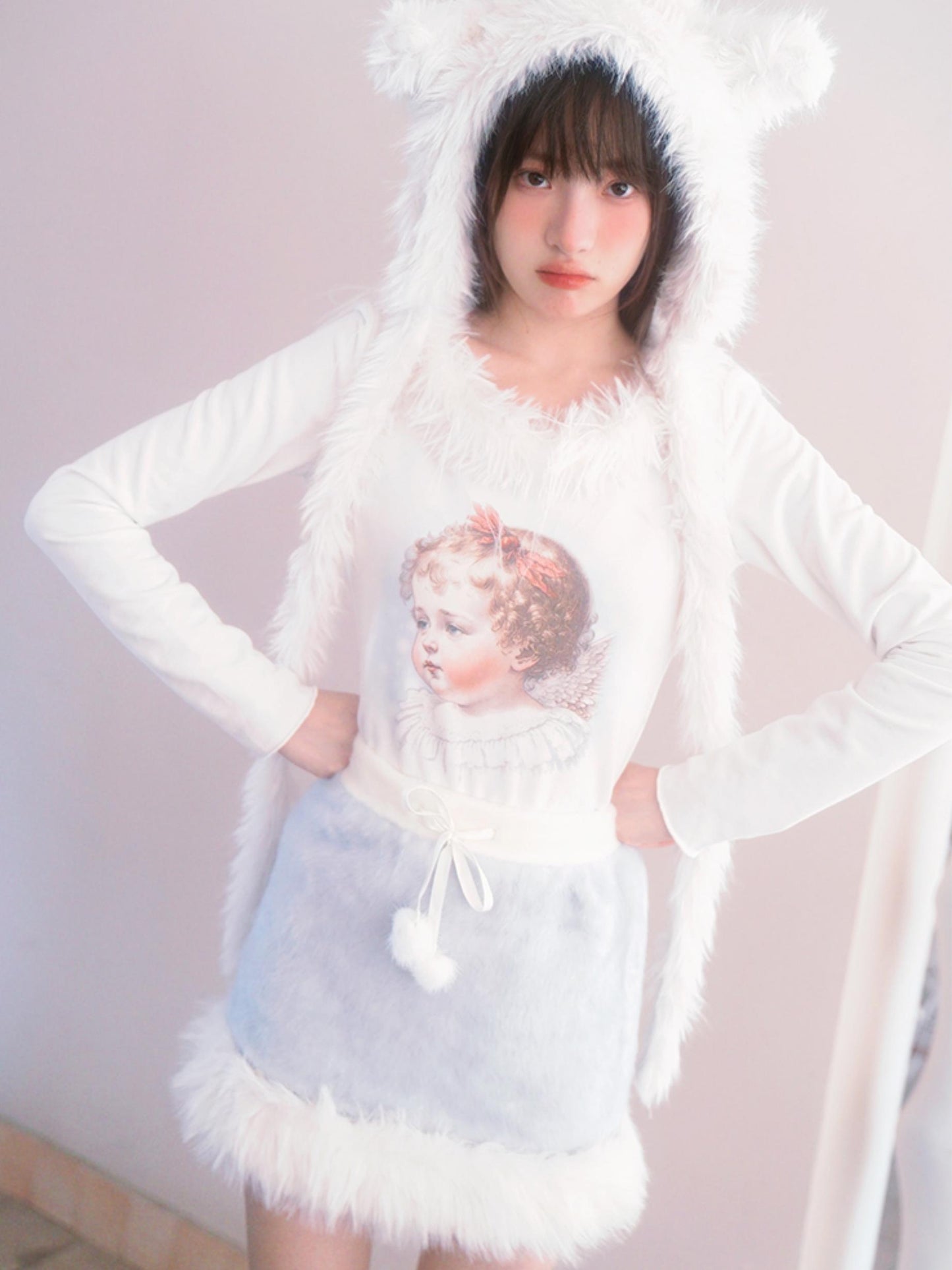 Vintage Angel Print Fur Collar Long Sleeve T-Shirt