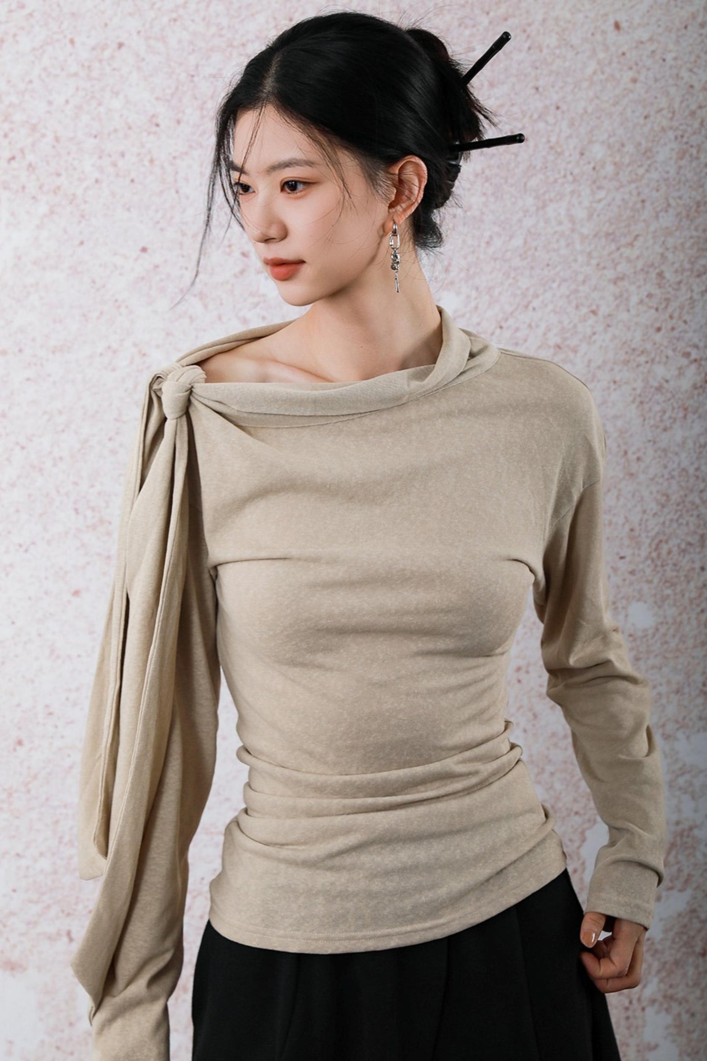 Milk Tea Long Sleeve One-Shoulder Top