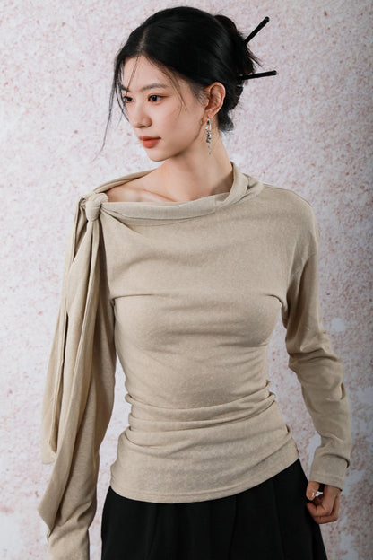 Milk Tea Long Sleeve One-Shoulder Top