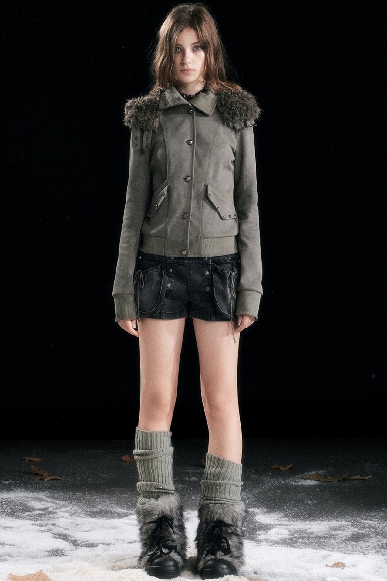 Aged Vintage Detachable Fur Hooded Coat