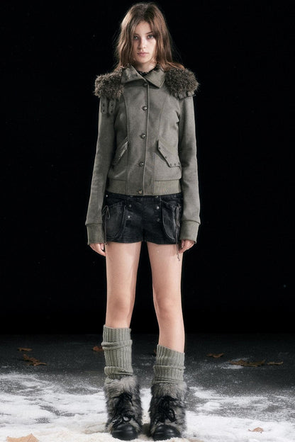 Aged Vintage Detachable Fur Hooded Coat