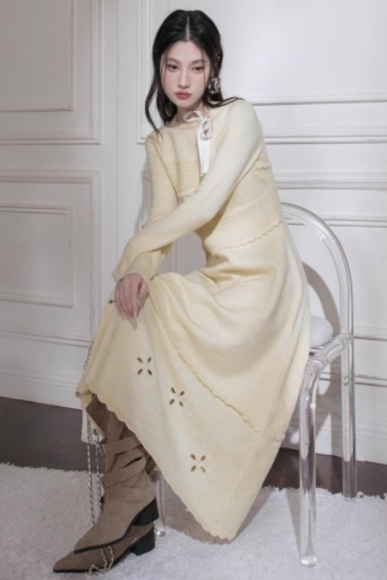 Cream Gray Lace Wool Dress