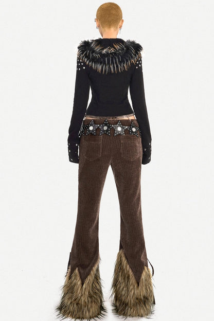 Retro Fur-Trim Corduroy Pants
