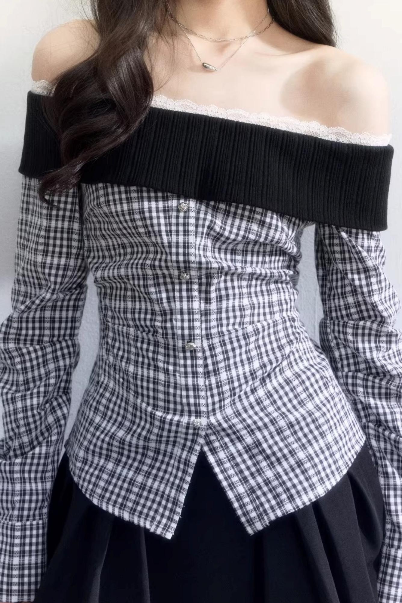 Plaid Off-Shoulder Slim Fit Shirt