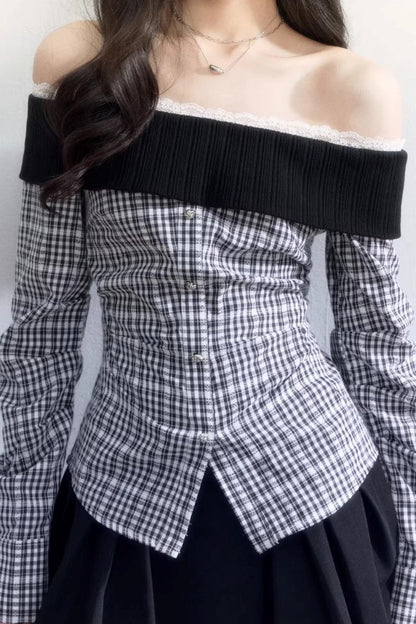 Plaid Off-Shoulder Slim Fit Shirt