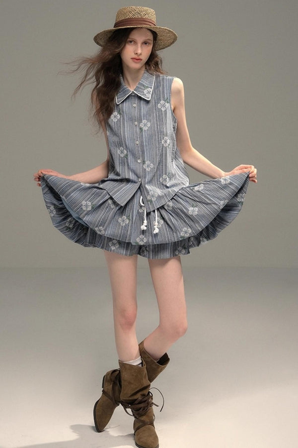 Flower Stitch Vest Skirt Set-Up