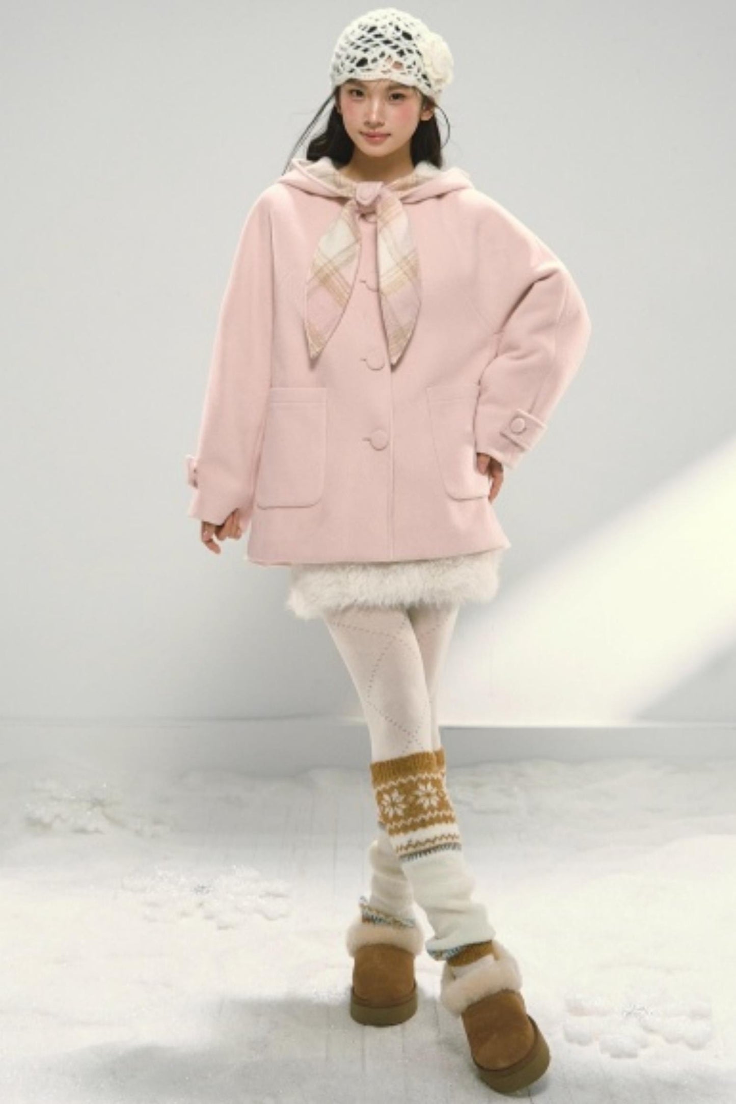 Pink Paneled Plaid Hooded Wool Coat