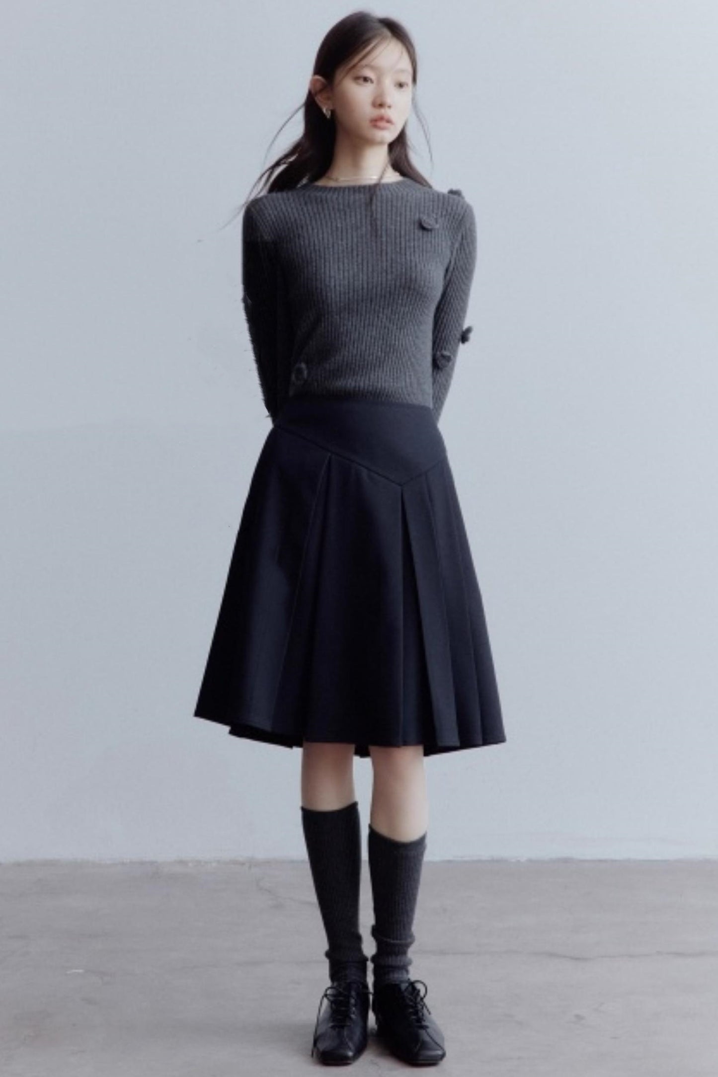 Meteorite Lime Wool Pleated Midi Skirt