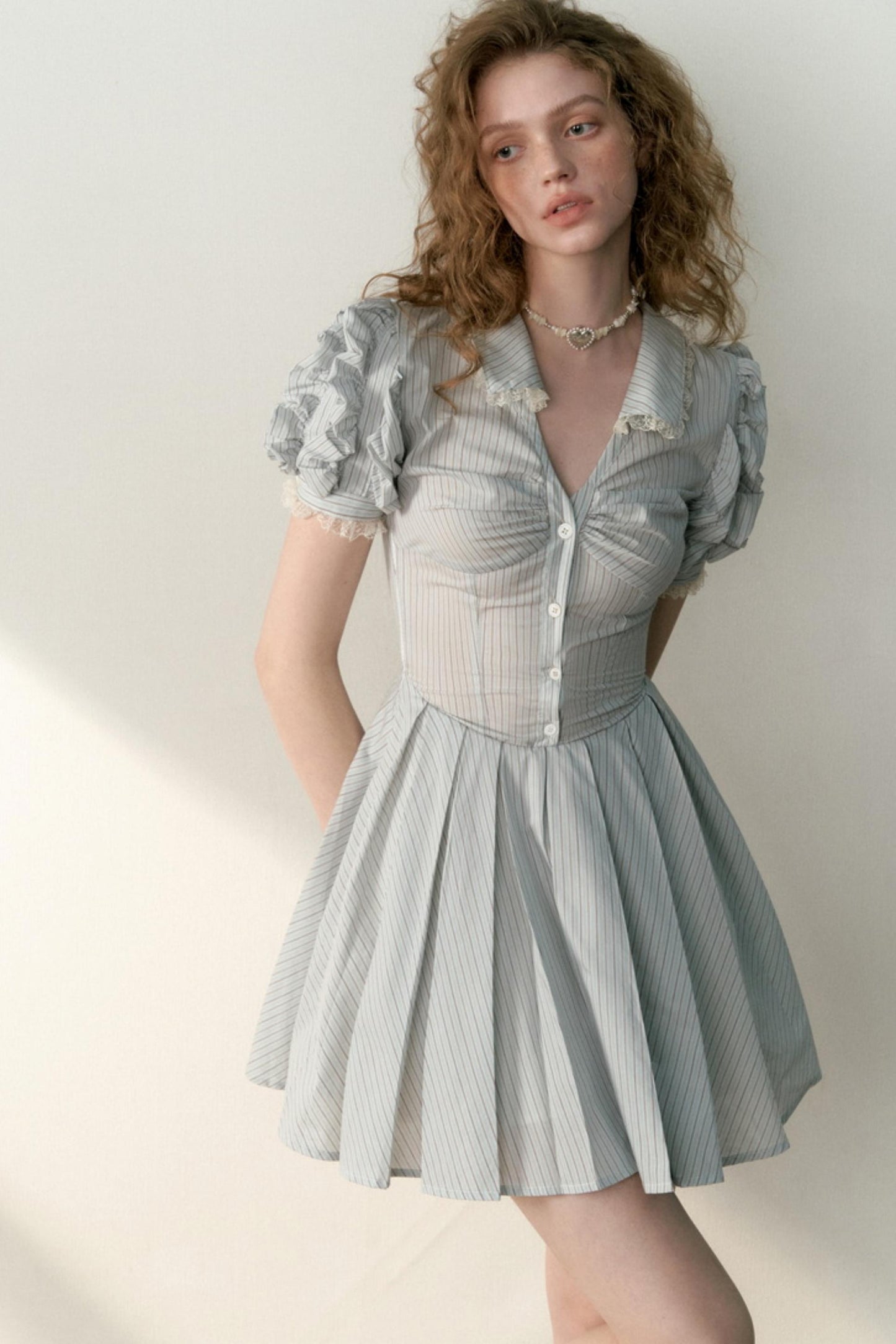 Blue Striped Bubble Sleeve Floral Pleated Dress