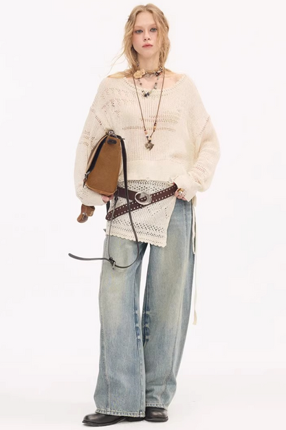 Split Curved Hem Denim Pants