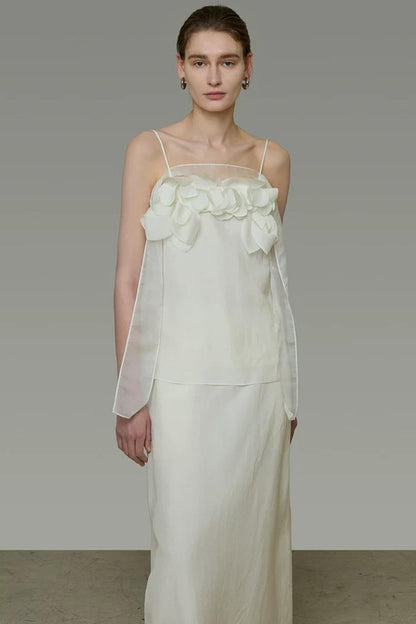 White Floral Camisole Skirt Set-Up