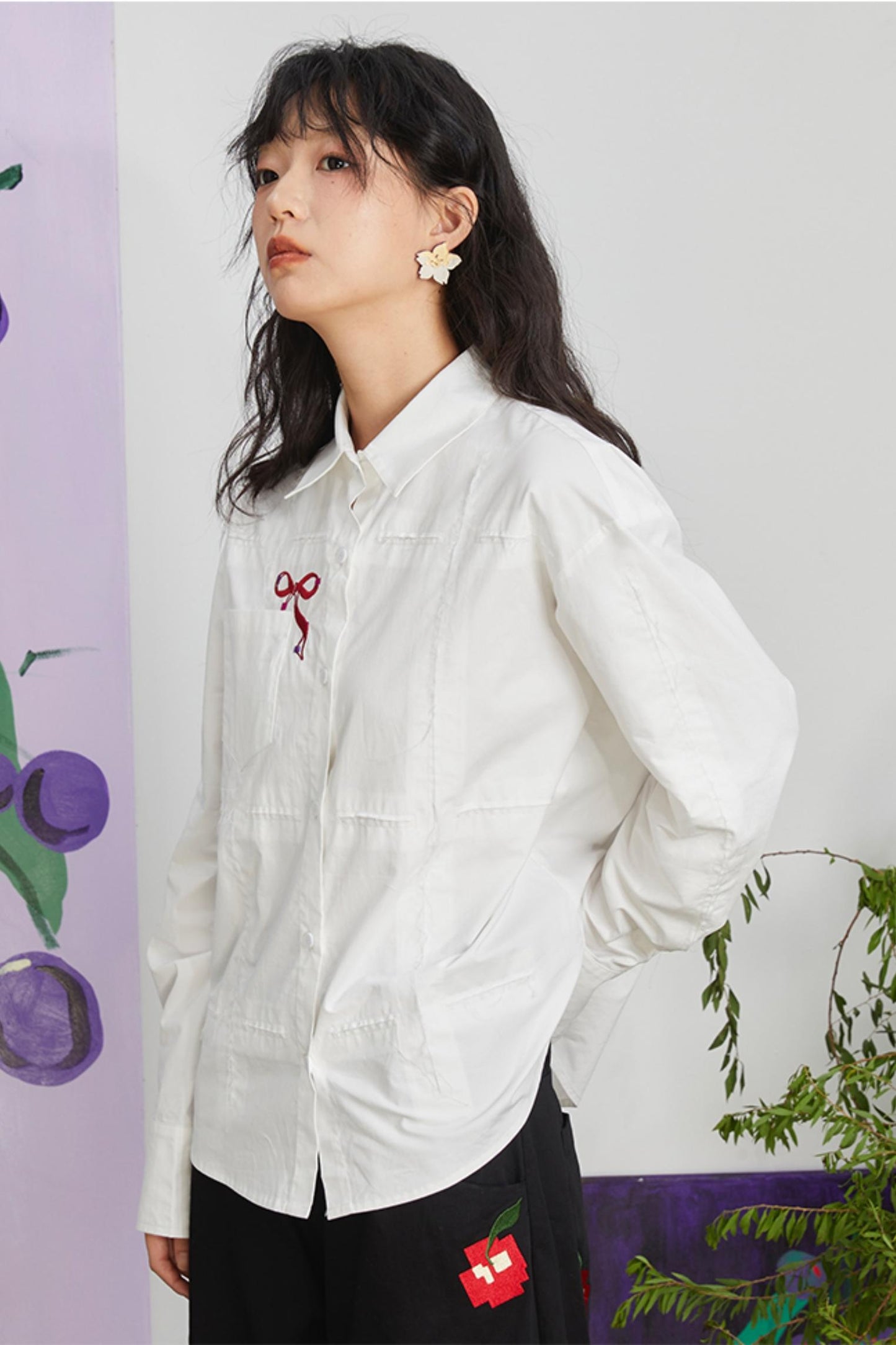 Retro Bow Embroidery Long Sleeve Shirt