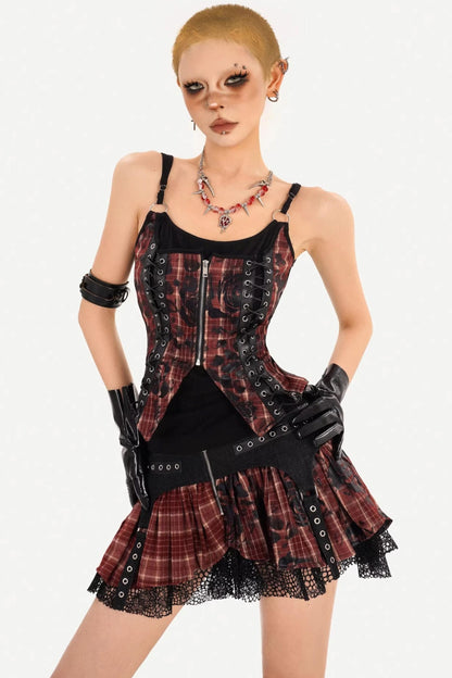 Dark Red Plaid Camisole Skirt Set-Up