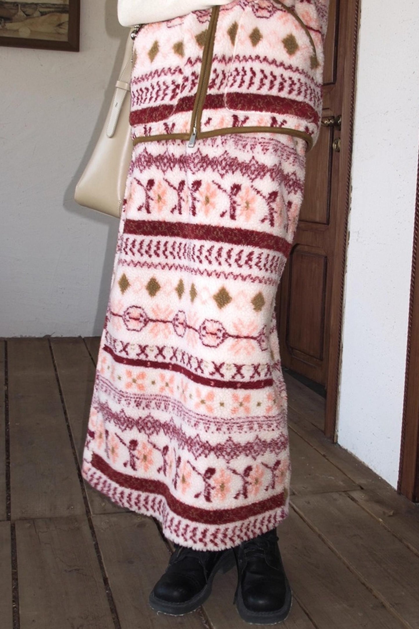 Berry Peach Retro Fleece Vest Jacket Skirt Set-Up