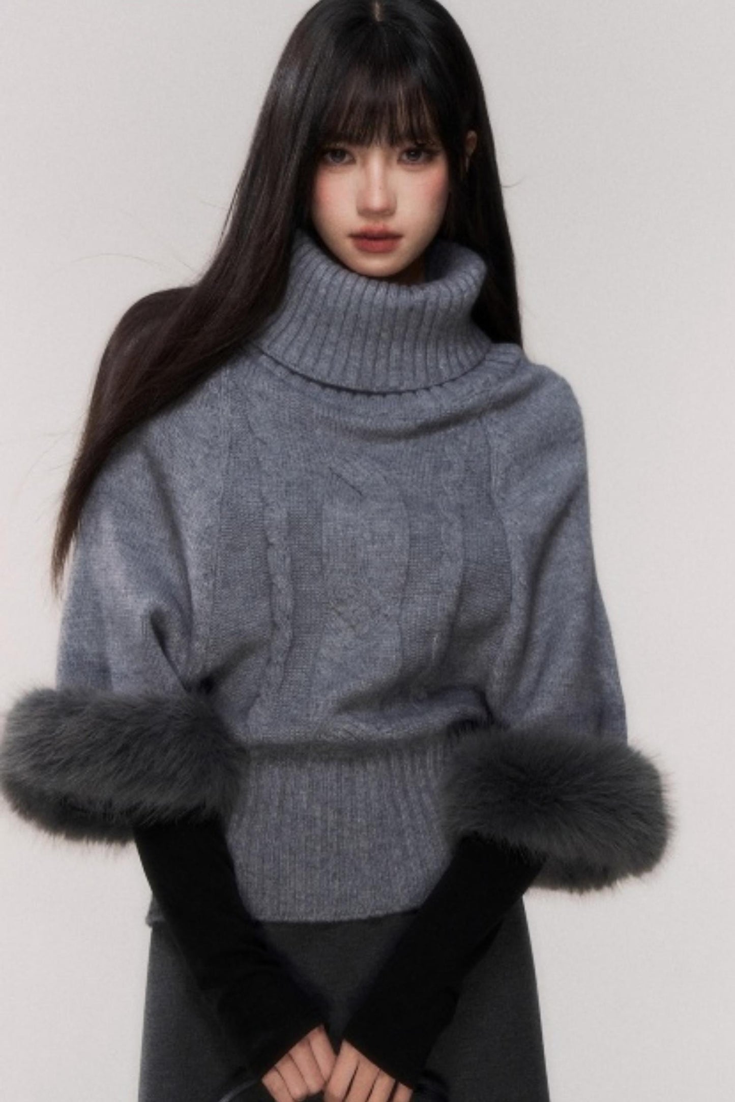 Gray Turtleneck Batwing Sweater