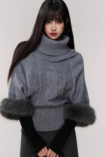Gray Turtleneck Batwing Sweater