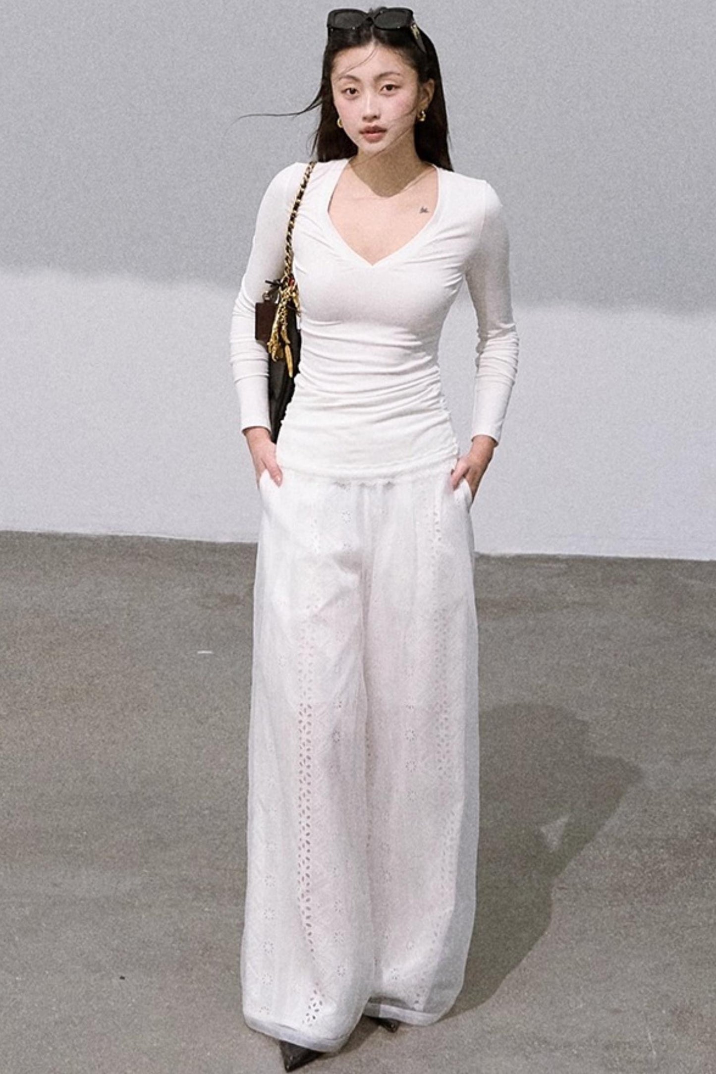 Shimmer Cotton Wide-Leg Pants