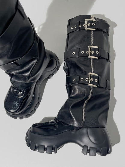 Y2K Punk Style Triple Belt High Heel Long Boots