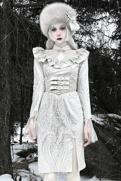 White Gothic Lace Slit Dress