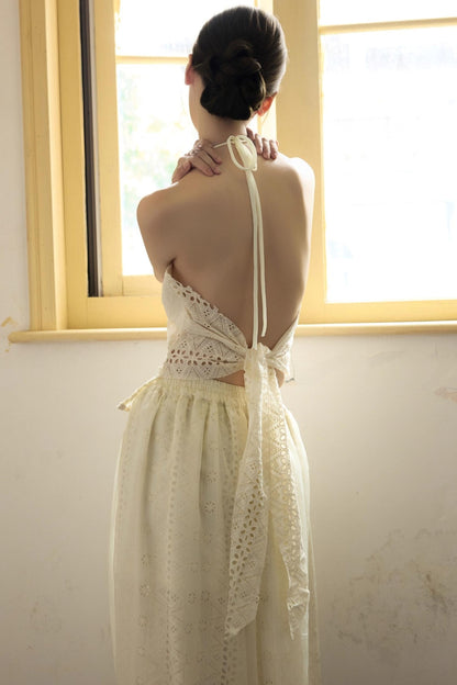 Romantic White Embroidered Halterneck Top