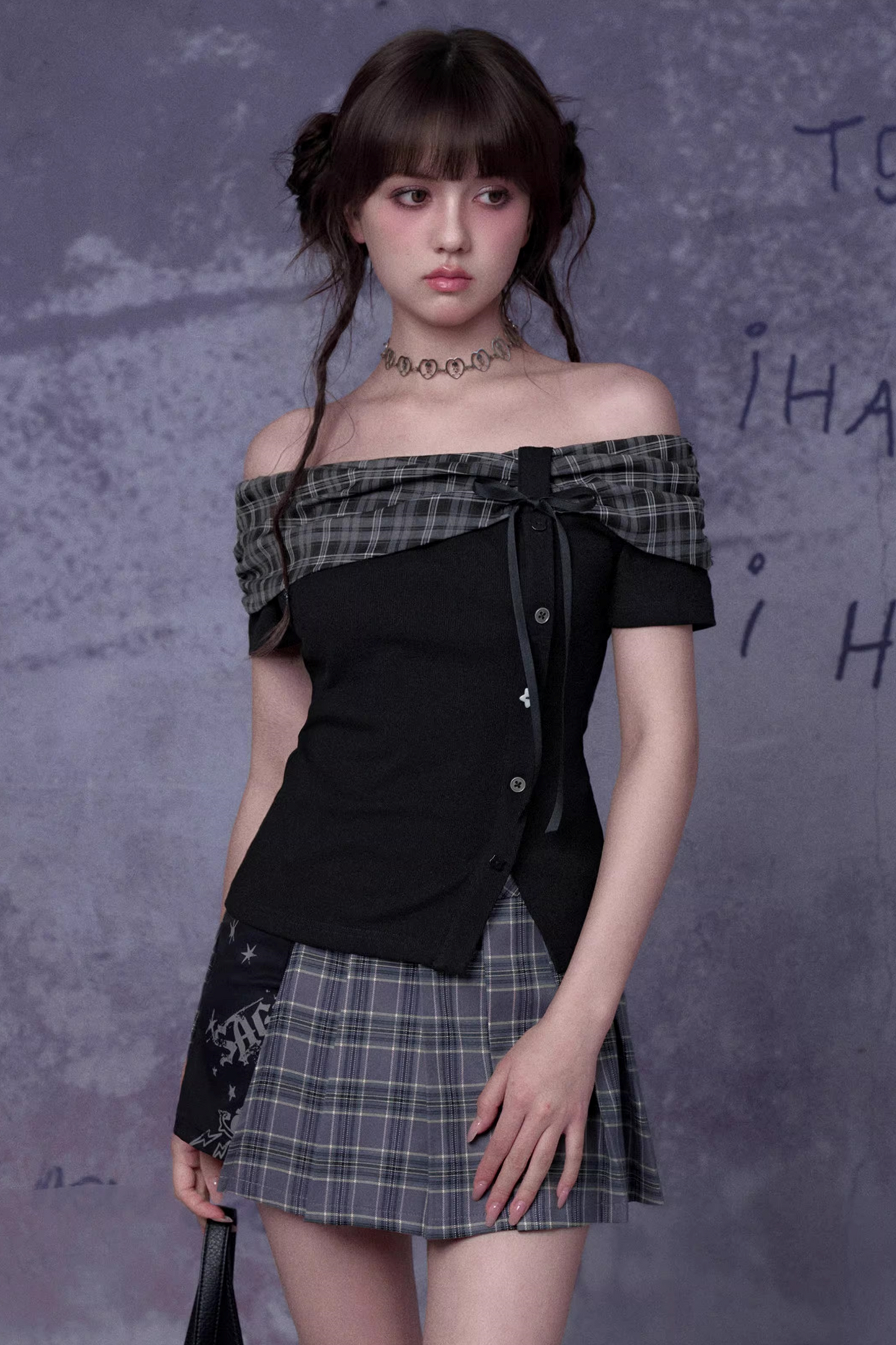 Plaid Graffiti Pleated Skirt Set-Up