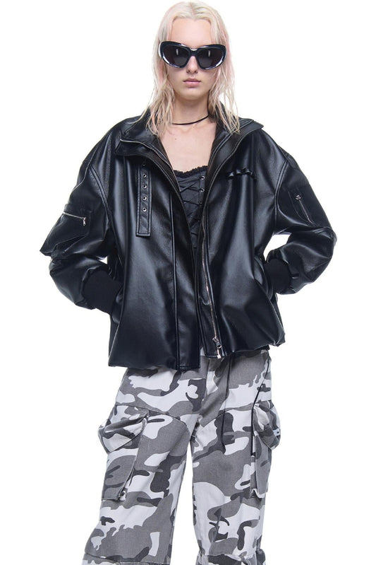 Multi-Pocket Punk Leather Jacket